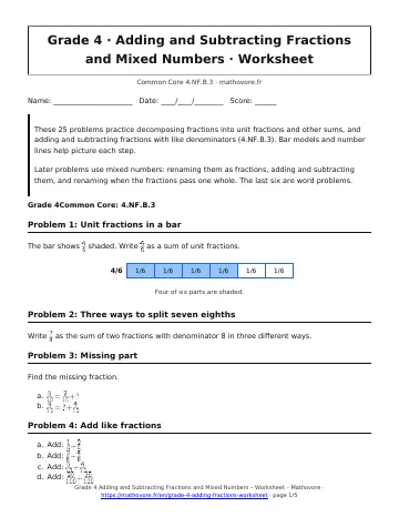 Page 1 of the Grade 4 Adding and Subtracting Fractions and Mixed Numbers worksheet PDF