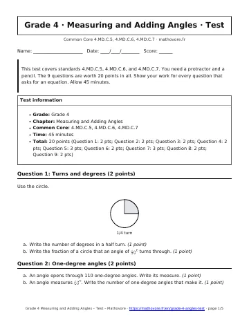 Page 1 of the Grade 4 Measuring and Adding Angles test PDF