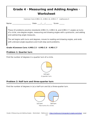 Page 1 of the Grade 4 Measuring and Adding Angles worksheet PDF