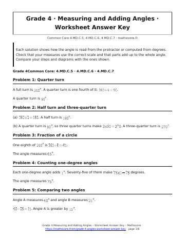 Page 1 of the Grade 4 Measuring and Adding Angles worksheet answer key PDF