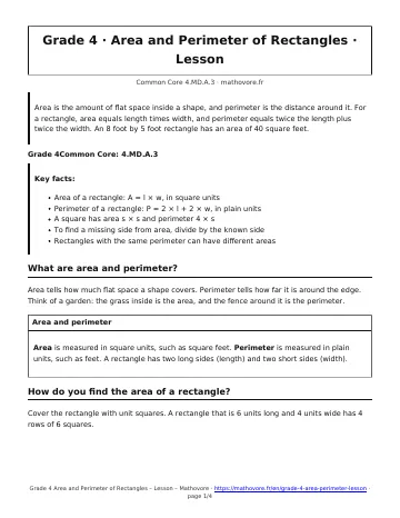 Page 1 of the Grade 4 Area and Perimeter of Rectangles lesson PDF