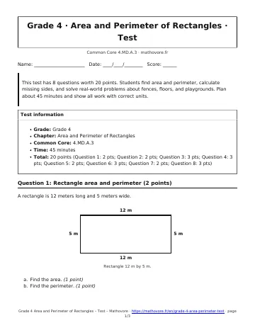 Page 1 of the Grade 4 Area and Perimeter of Rectangles test PDF