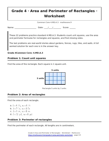 Page 1 of the Grade 4 Area and Perimeter of Rectangles worksheet PDF