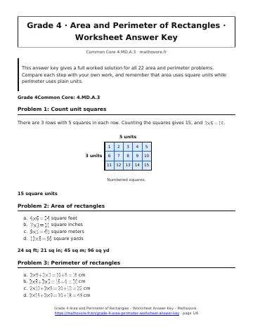 Page 1 of the Grade 4 Area and Perimeter of Rectangles worksheet answer key PDF