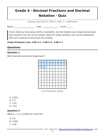 Page 1 of the Grade 4 Decimal Fractions and Decimal Notation quiz PDF