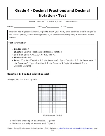 Page 1 of the Grade 4 Decimal Fractions and Decimal Notation test PDF