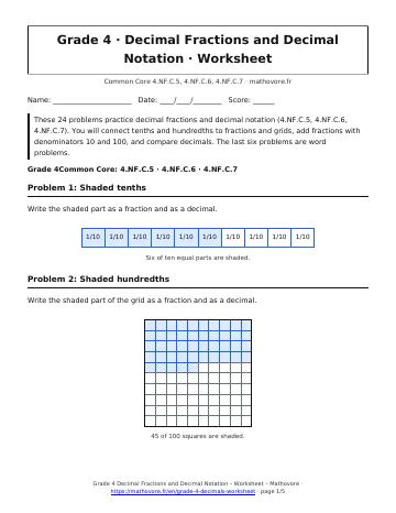 Page 1 of the Grade 4 Decimal Fractions and Decimal Notation worksheet PDF