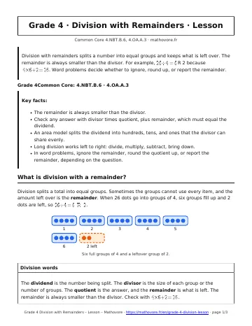 Page 1 of the Grade 4 Division with Remainders lesson PDF