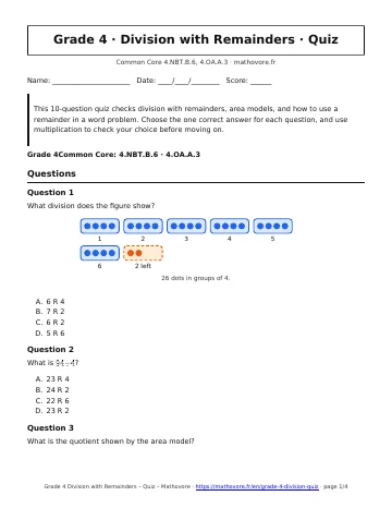 Page 1 of the Grade 4 Division with Remainders quiz PDF