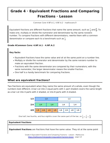 Page 1 of the Grade 4 Equivalent Fractions and Comparing Fractions lesson PDF