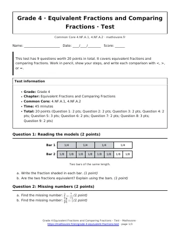 Page 1 of the Grade 4 Equivalent Fractions and Comparing Fractions test PDF