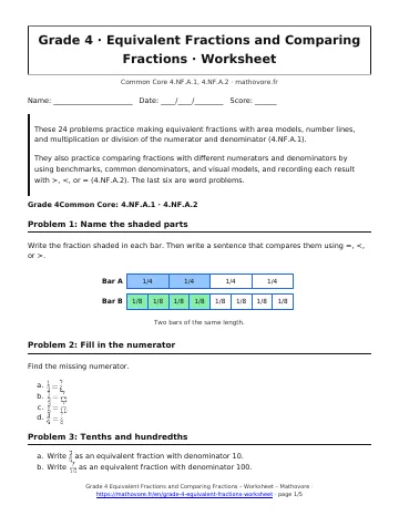 Page 1 of the Grade 4 Equivalent Fractions and Comparing Fractions worksheet PDF