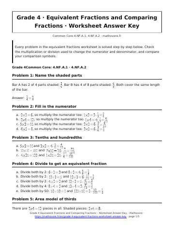 Page 1 of the Grade 4 Equivalent Fractions and Comparing Fractions worksheet answer key PDF