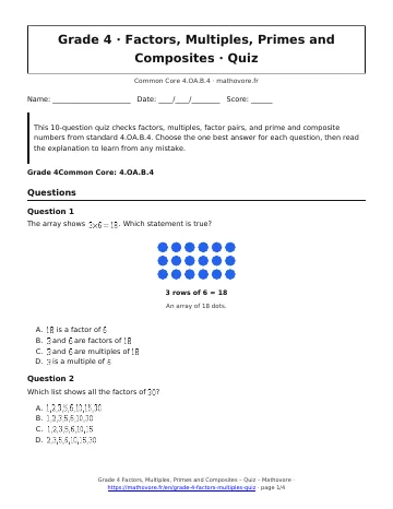 Page 1 of the Grade 4 Factors, Multiples, Primes and Composites quiz PDF