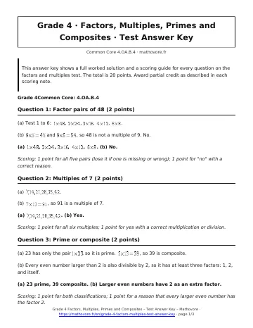 Page 1 of the Grade 4 Factors, Multiples, Primes and Composites test answer key PDF