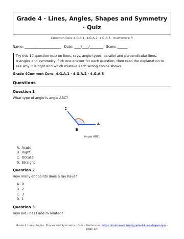 Page 1 of the Grade 4 Lines, Angles, Shapes and Symmetry quiz PDF