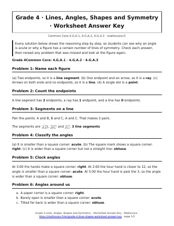 Page 1 of the Grade 4 Lines, Angles, Shapes and Symmetry worksheet answer key PDF