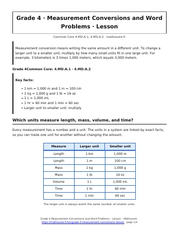 Page 1 of the Grade 4 Measurement Conversions and Word Problems lesson PDF