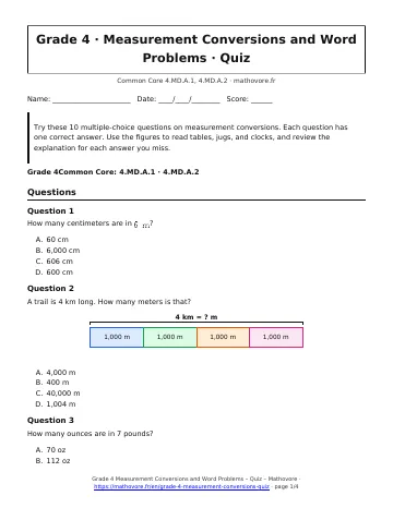 Page 1 of the Grade 4 Measurement Conversions and Word Problems quiz PDF