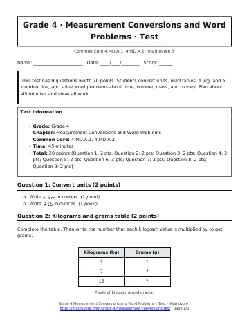 Page 1 of the Grade 4 Measurement Conversions and Word Problems test PDF