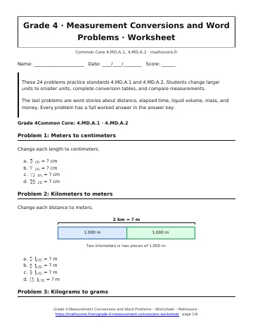 Page 1 of the Grade 4 Measurement Conversions and Word Problems worksheet PDF