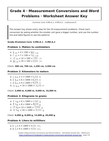 Page 1 of the Grade 4 Measurement Conversions and Word Problems worksheet answer key PDF
