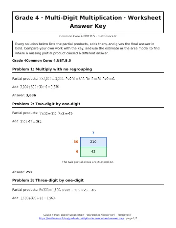 Page 1 of the Grade 4 Multi-Digit Multiplication worksheet answer key PDF