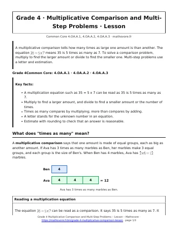 Page 1 of the Grade 4 Multiplicative Comparison and Multi-Step Problems lesson PDF