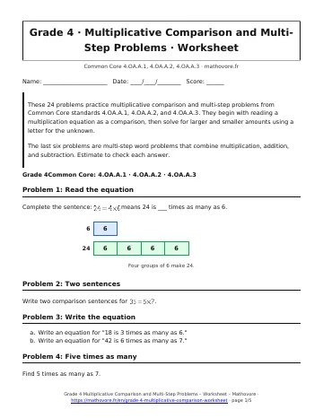 Page 1 of the Grade 4 Multiplicative Comparison and Multi-Step Problems worksheet PDF