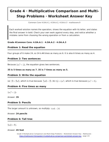 Page 1 of the Grade 4 Multiplicative Comparison and Multi-Step Problems worksheet answer key PDF