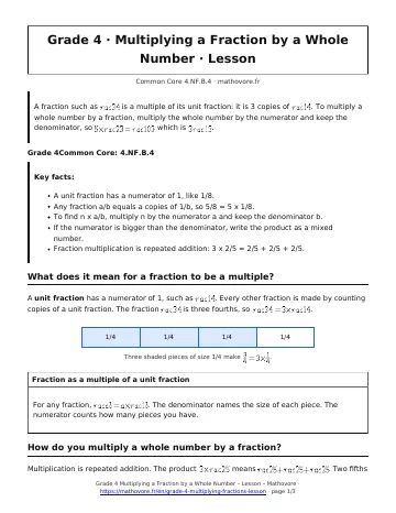 Page 1 of the Grade 4 Multiplying a Fraction by a Whole Number lesson PDF
