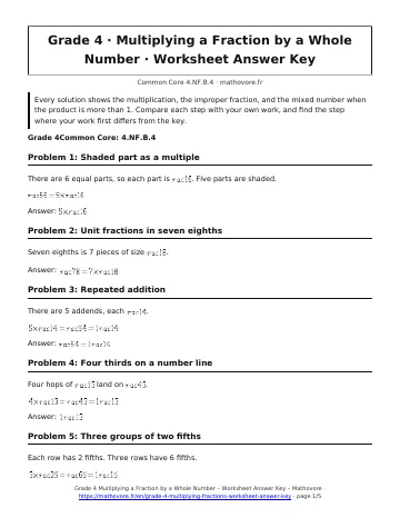 Page 1 of the Grade 4 Multiplying a Fraction by a Whole Number worksheet answer key PDF