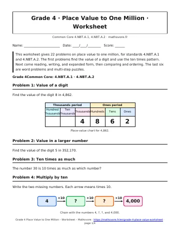 Page 1 of the Grade 4 Place Value to One Million worksheet PDF