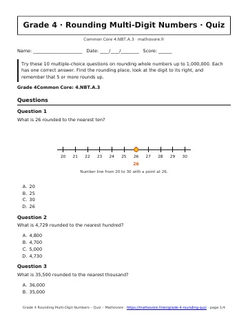 Page 1 of the Grade 4 Rounding Multi-Digit Numbers quiz PDF