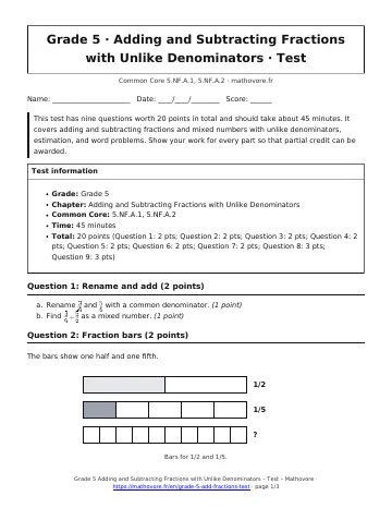 Page 1 of the Grade 5 Adding and Subtracting Fractions with Unlike Denominators test PDF
