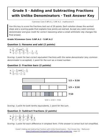 Page 1 of the Grade 5 Adding and Subtracting Fractions with Unlike Denominators test answer key PDF