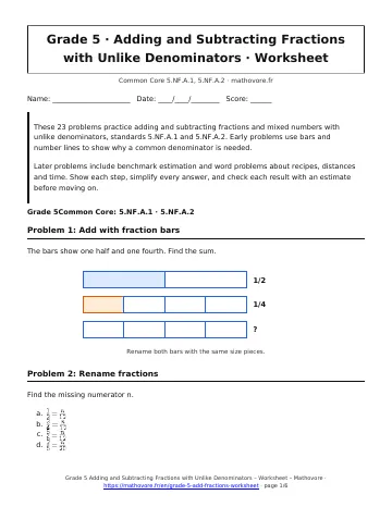 Page 1 of the Grade 5 Adding and Subtracting Fractions with Unlike Denominators worksheet PDF