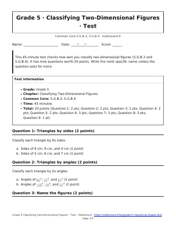 Page 1 of the Grade 5 Classifying Two-Dimensional Figures test PDF