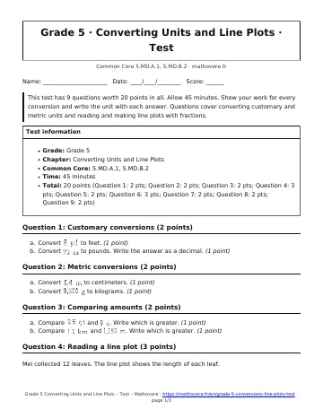 Page 1 of the Grade 5 Converting Units and Line Plots test PDF