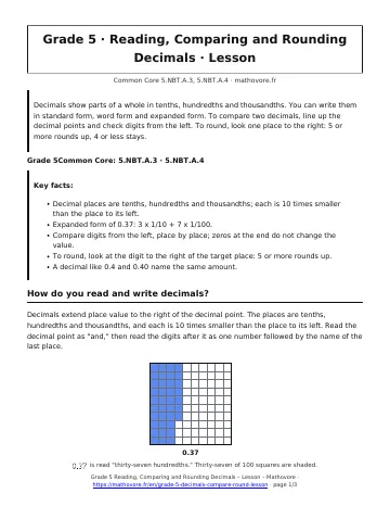 Page 1 of the Grade 5 Reading, Comparing and Rounding Decimals lesson PDF