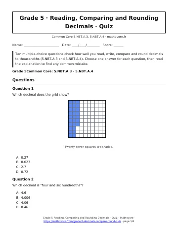 Page 1 of the Grade 5 Reading, Comparing and Rounding Decimals quiz PDF