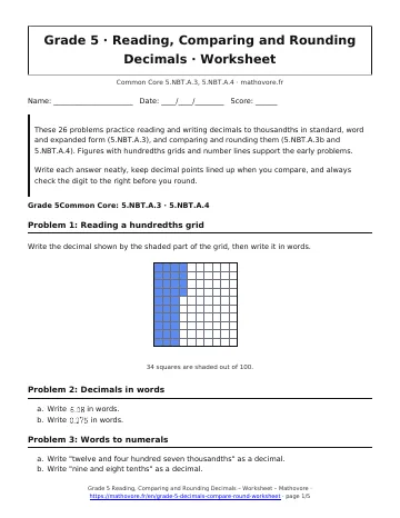 Page 1 of the Grade 5 Reading, Comparing and Rounding Decimals worksheet PDF