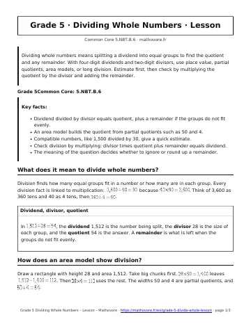 Page 1 of the Grade 5 Dividing Whole Numbers lesson PDF