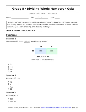Page 1 of the Grade 5 Dividing Whole Numbers quiz PDF