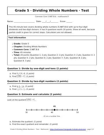 Page 1 of the Grade 5 Dividing Whole Numbers test PDF