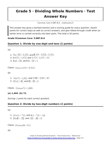 Page 1 of the Grade 5 Dividing Whole Numbers test answer key PDF