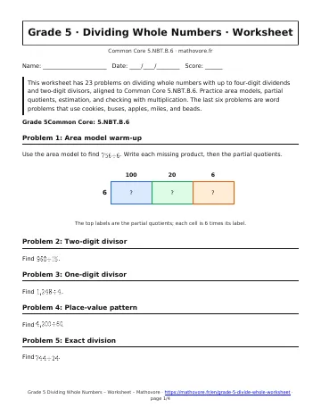 Page 1 of the Grade 5 Dividing Whole Numbers worksheet PDF