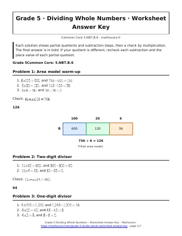 Page 1 of the Grade 5 Dividing Whole Numbers worksheet answer key PDF