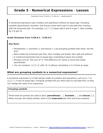 Page 1 of the Grade 5 Numerical Expressions lesson PDF
