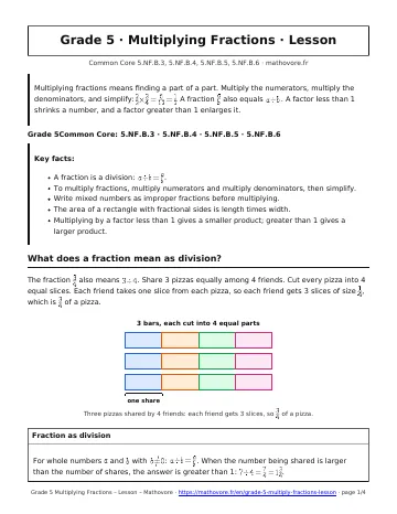 Page 1 of the Grade 5 Multiplying Fractions lesson PDF